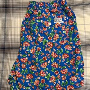 Ralph Lauren Blue Floral Swim Trunks with Orange-Red Flowers